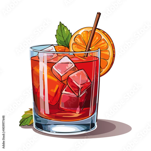 Negroni cocktail in a glass vector color illustration in sketch style. Alcoholic summer drink with ice drawing for bar and menu. Shaded image of beverage on isolated background.