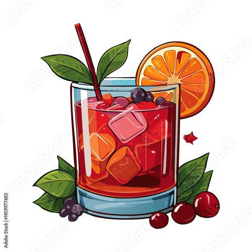 Negroni cocktail in a glass vector color illustration in sketch style. Alcoholic summer drink with ice drawing for bar and menu. Shaded image of beverage on isolated background.