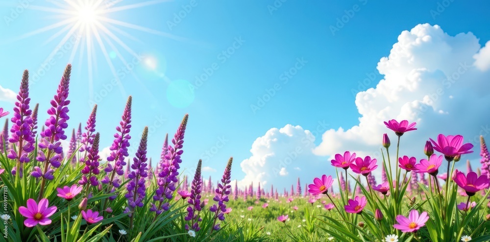 Fototapeta premium Purple and pink wildflowers bloom under a vibrant blue sky , colorful field, texture, vibrant