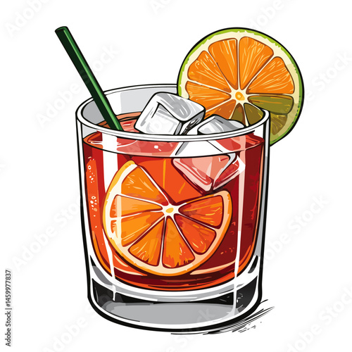 Negroni cocktail in a glass vector color illustration in sketch style. Alcoholic summer drink with ice drawing for bar and menu. Shaded image of beverage on isolated background.