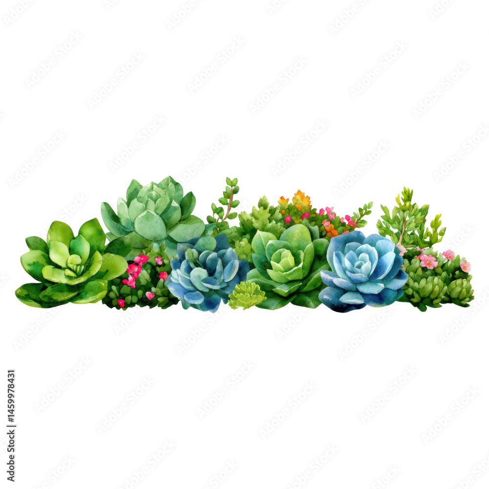 Obraz premium Collection of Colorful Succulent Plants with Various Green Shades and Delicate Flowers for Decorative Use, isolated on transparent background.