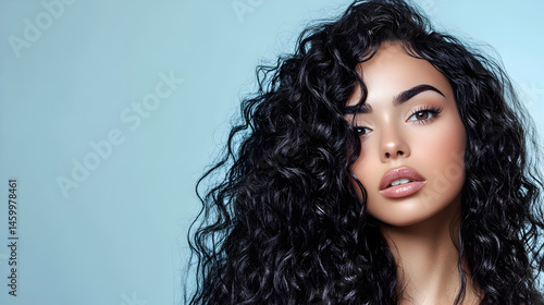 una mujer hermosa modelo con cabello negro y ondulado rizado sobre un fondo con espacio de copia cuidado del cabello tratamientos de salon o estetica