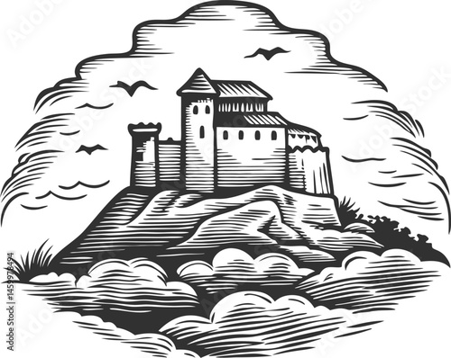Engraving design of a medieval castle on a hill with cloudy sky and birds flying, vintage etching with fine architectural detail

