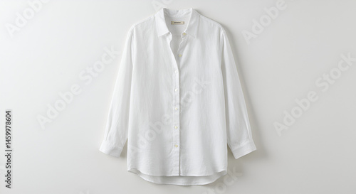 Loose linen shirt buttoned up, without tags, white background