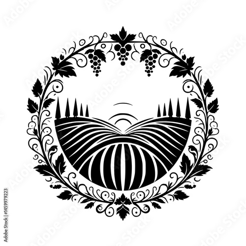Elegant Vineyard Logo: Black & White Emblem for Wine, Winery, or Harvest