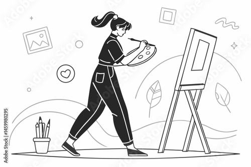 42 Silhouette, female artist, painting, easel, canvas, ponytail, standing pose, brush in hand, art studio, creative process, black and white illustration, minimal style, graphic design, vector art, si