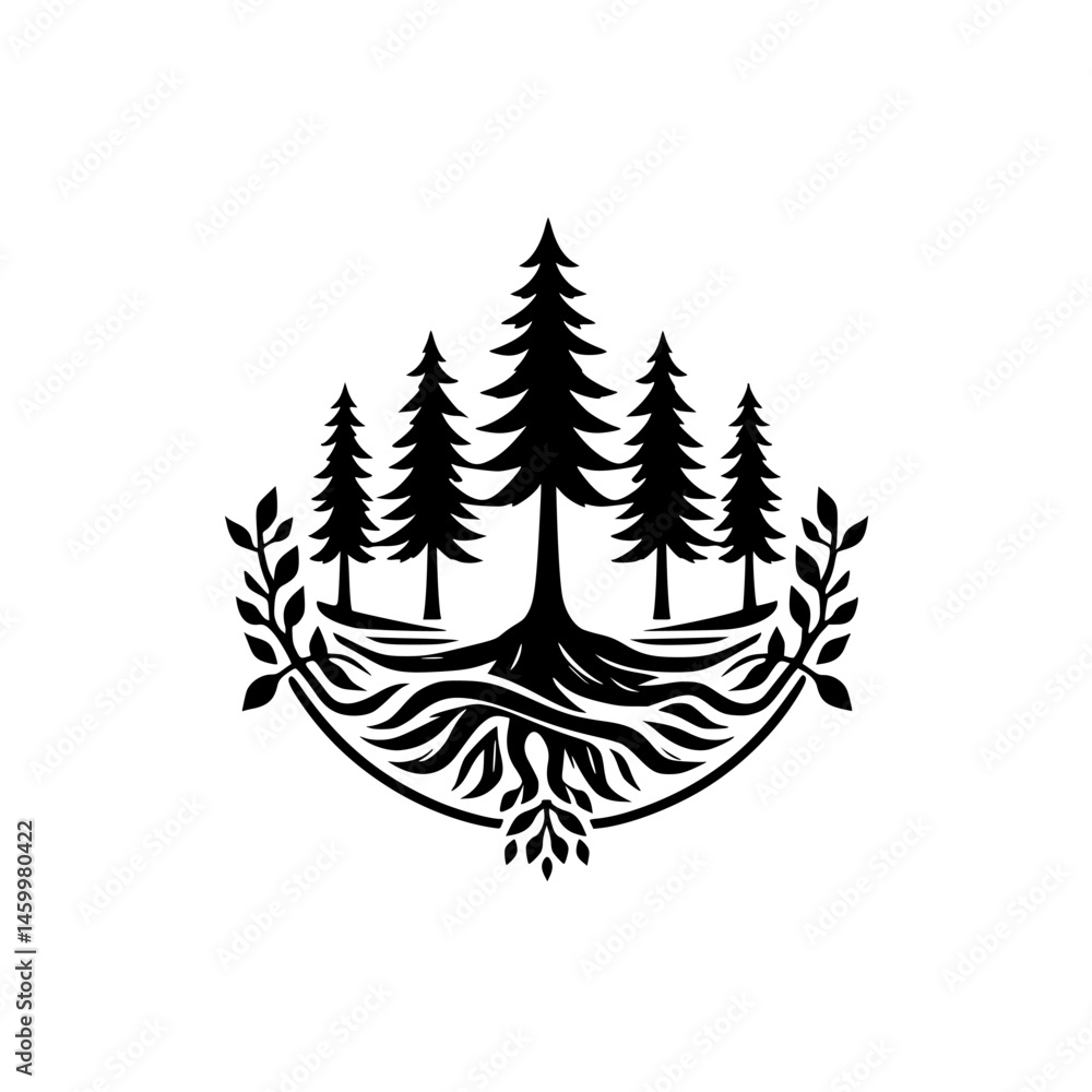 Black and White Forest Crest with Roots, Leaves, and Trees Black and White Forest Crest with Roots, Leaves, and Trees