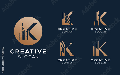 Set bundling letter K with building or architect logo design in luxury colors