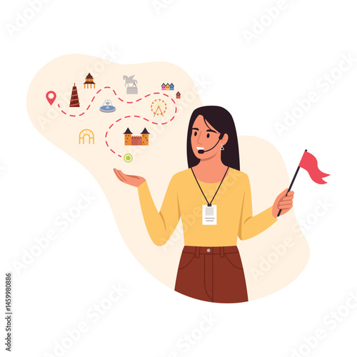 Vector illustration of a tourist guide. Cartoon scene of a woman tourist guide with a flag, leading tourists along the route, showing landmarks,architectural monuments isolated on a white background.