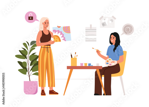 Vector illustration of girls in art studio painting. Cartoon scene, a blonde girl shows abstract painting, a brunette girl sits at a table, holds a palette, brush, isolated on white background.