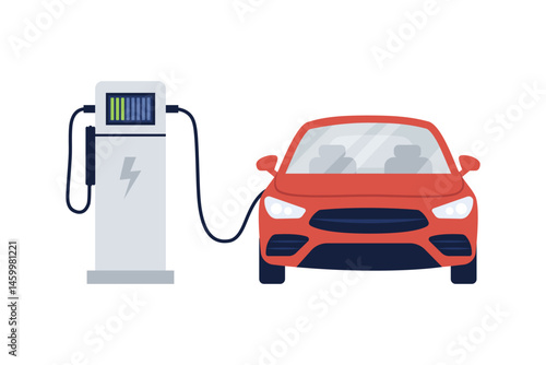 Vector illustration of front view of electric car charging.Cartoon scene of modern red electric car charging from battery isolated on white background.Careful attitude to ecology.Eco-friendly vehicle.