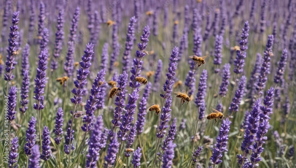 Obraz premium Busy bees swarming vibrant purple lavender, beeswax accents , eco, rural