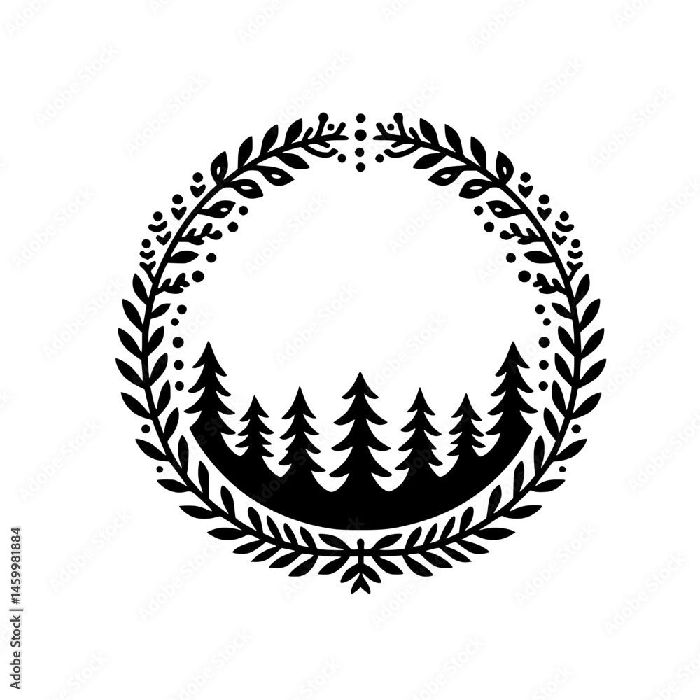 Obraz premium Black and White Forest Wreath Illustration, Rustic Style