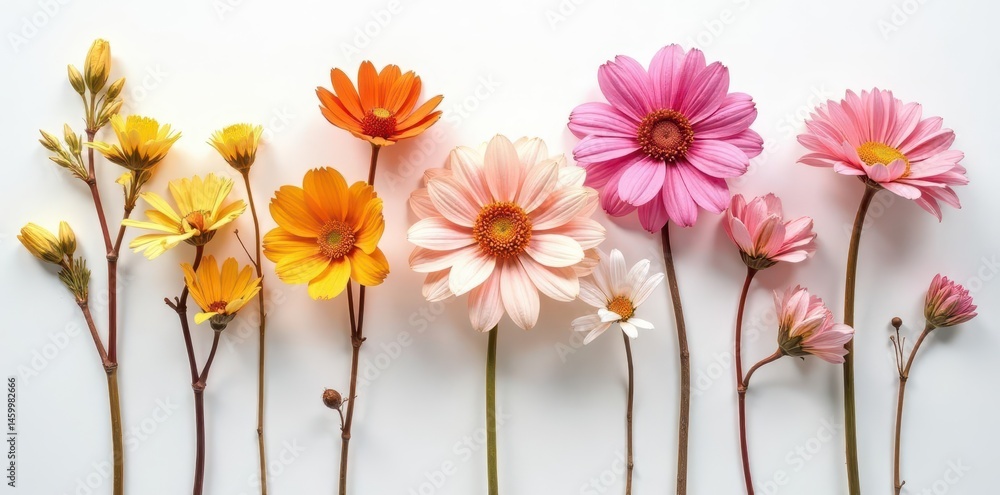 Obraz premium Delicate dried flowers, various colors, arranged on pristine white backdrop , floral, pretty, flower crown