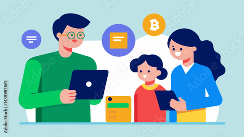 Family Discussion A family discussing their joint cryptocurrency investments with a digital wallet displayed on a shared tablet in front of them.
