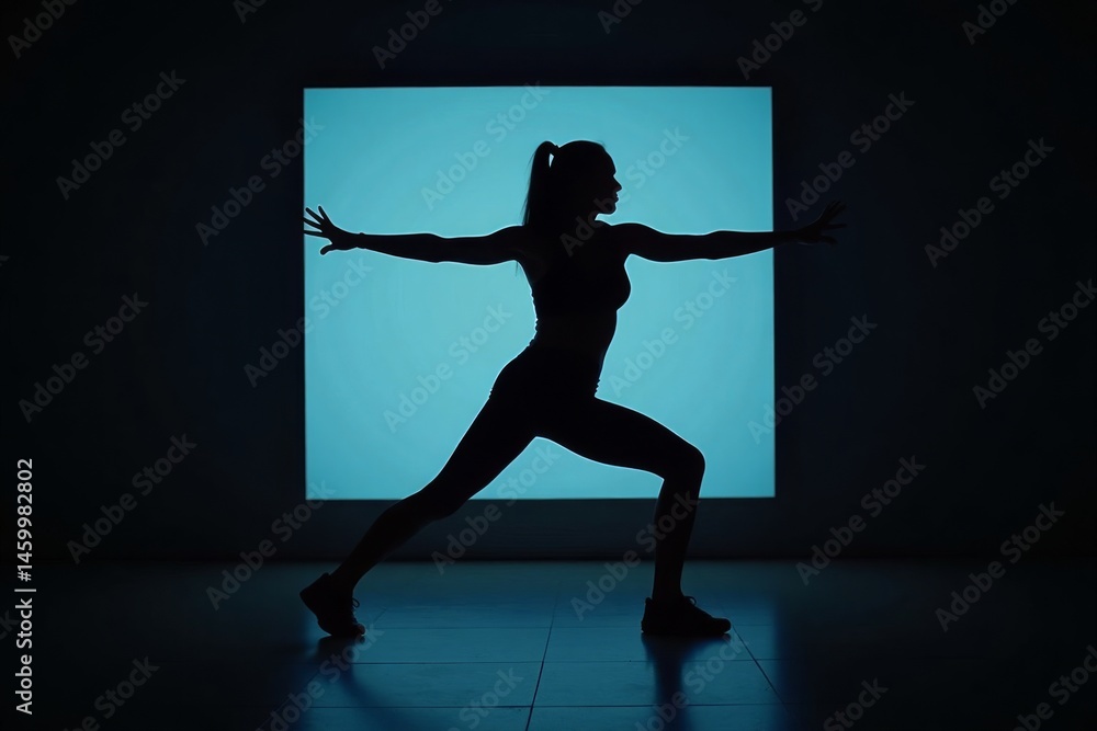 Warrior pose silhouette. Female fitness instructor in yoga warrior stance silhouette against turquoise backlit background in modern studio setting.