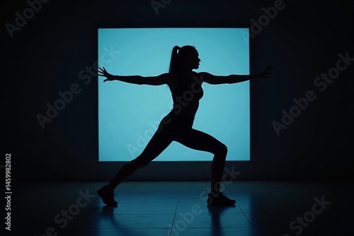 Obraz na płótnie Warrior pose silhouette. Female fitness instructor in yoga warrior stance silhouette against turquoise backlit background in modern studio setting. w salonie