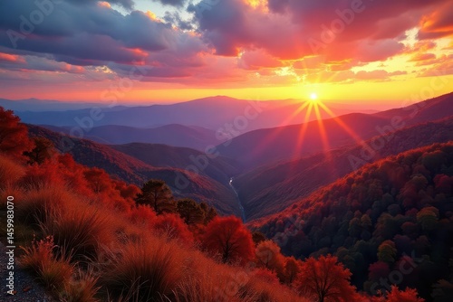 Fiery autumn sunset paints Blue Ridge Parkway, Brevard, NC mountains , serene, golden hour, landscape