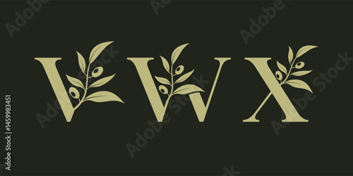 Set of vector logo designs for V W and X with olive leaves