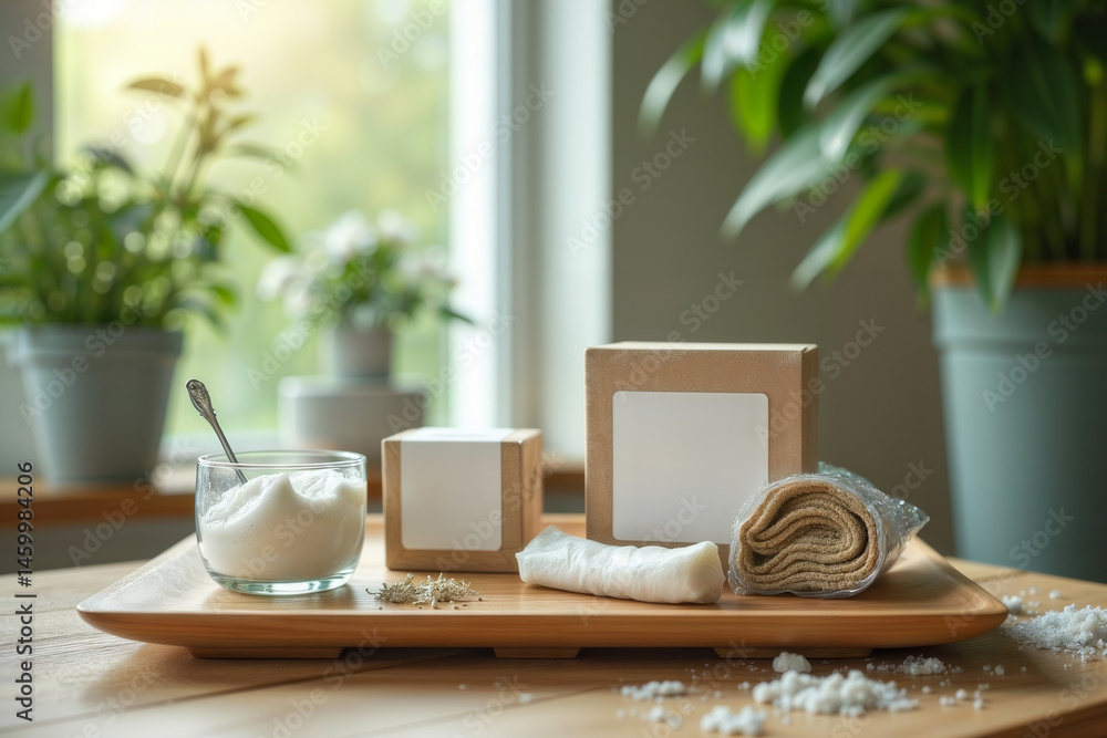 Natural cosmetic ingredients. Natural ingredients and blank packaging for DIY cosmetics or skincare on a wooden tray. Homemade beauty and wellness concept.