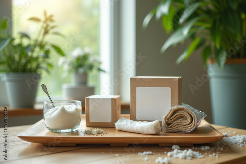 Obraz na płótnie Natural cosmetic ingredients. Natural ingredients and blank packaging for DIY cosmetics or skincare on a wooden tray. Homemade beauty and wellness concept. w salonie