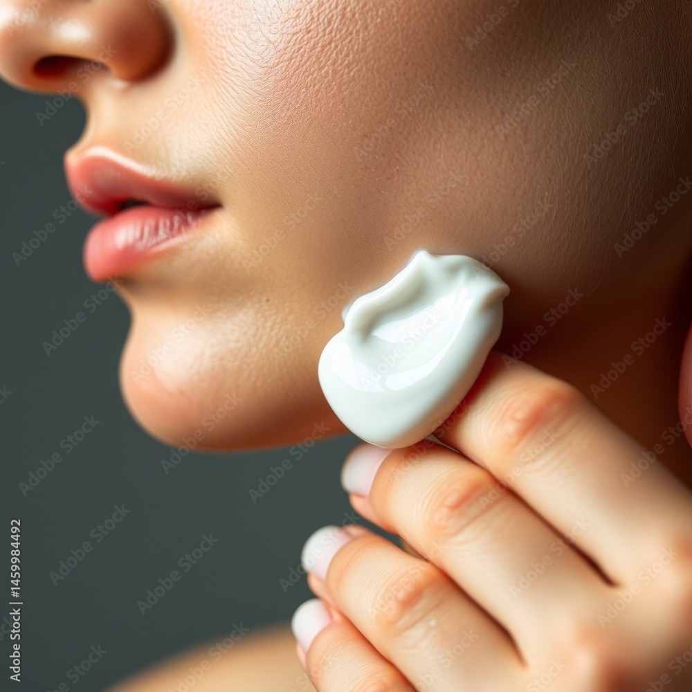 Applying face cream. Close-up of a woman applying a dollop of white moisturizing cream to her smooth cheek. Skincare and beauty routine concept.