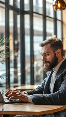 Businessman with beard working confidently on laptop in modern office setting during daylight hours