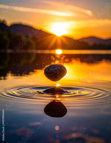 Close-up of small skipping stone caught mid-air above still water surface, motion blur and shallow depth of field, golden hour light, no people