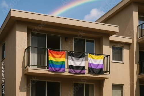 Pride Flags on Apartment Balcony with Rainbow - LGBTQ+, Asexual, Non-Binary Representation in Urban Setting
