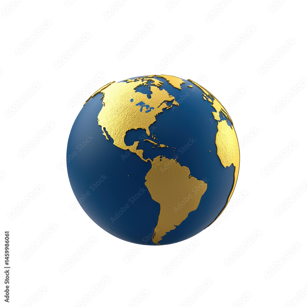 Fototapeta premium Golden Globe Illustration of Earth with Detailed Topography and Blue Oceans in a Minimalistic Design on transparent background