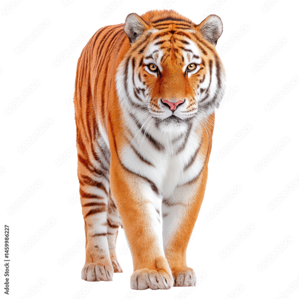 Obraz premium Majestic tiger walking towards the camera with striking orange fur and intense gaze in natural habitat setting, isolated on transparent background.