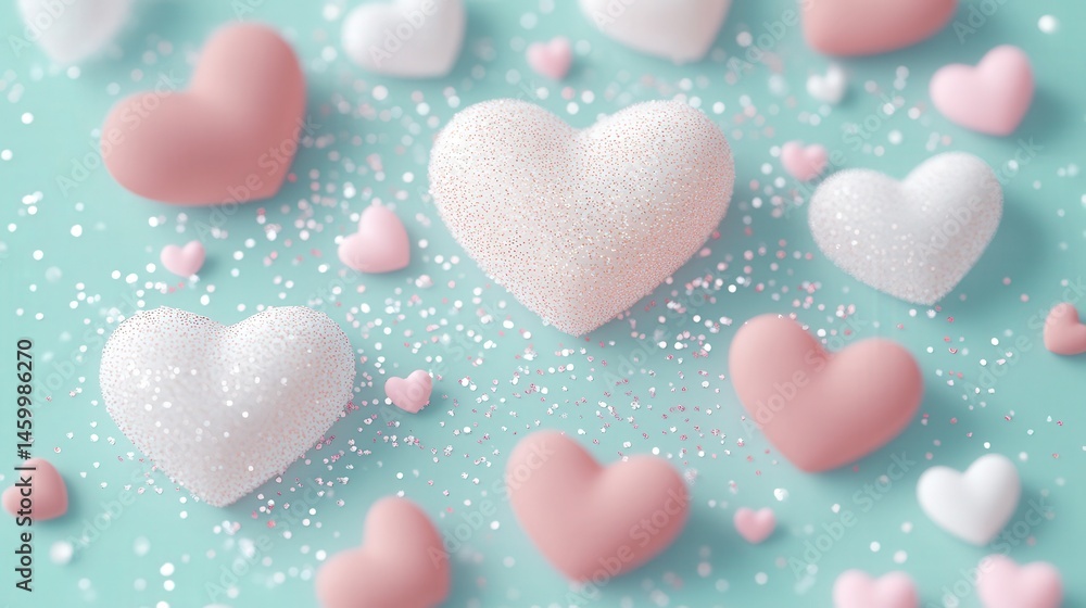 Obraz premium Pastel hearts are scattered on a light blue background