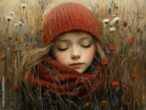 Serene girl, eyes closed, nestled amongst autumnal wildflowers, wearing a red knit hat and scarf