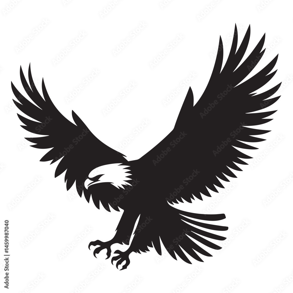 Obraz premium Black eagle silhouette vector illustration depicts a flying bird of prey with outstretched wings, a powerful symbol of nature and wildlife