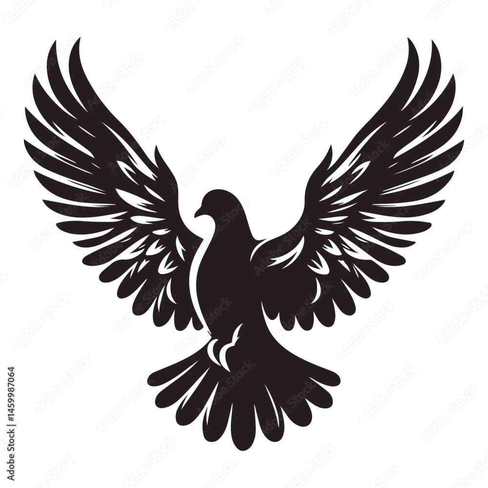 Obraz premium Flying dove silhouette with spread wings, a vector illustration of peace and nature