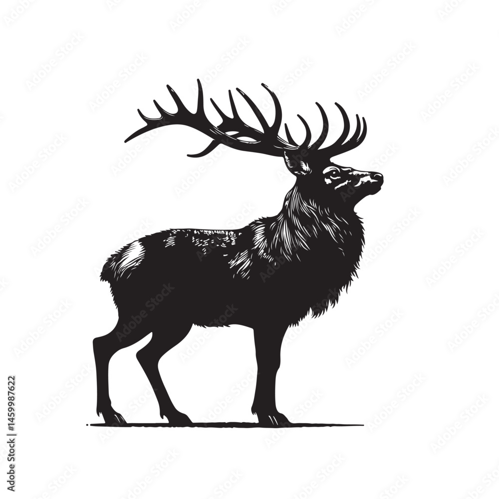 Fototapeta premium A black deer silhouette vector illustration depicts a wild mammal with antlers isolated against a white background