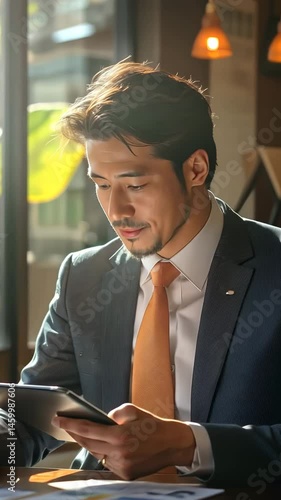 Japanese businessman reviews strategy in modern coffee shop setting during afternoon meeting