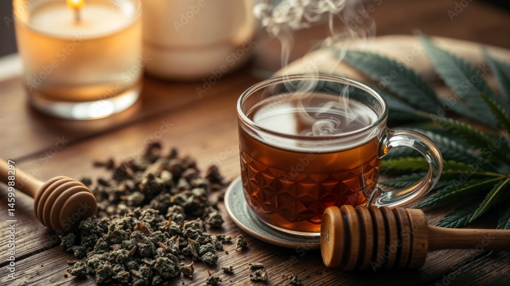 Cannabis herbal tea. Cup of hot herbal tea with cannabis leaves and honey dipper on wooden table with candle.