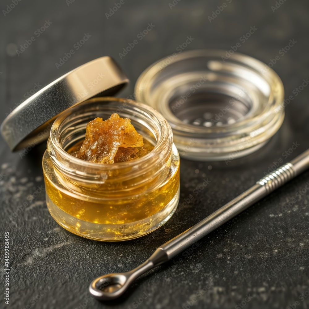 Cannabis concentrate. Close-up of marijuana wax extract in small glass container with metal dabbing tool.