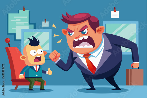 Angry boss screaming at a worker, representing workplace conflict and leadership issues. Flat vector design for office, business, or management themes.