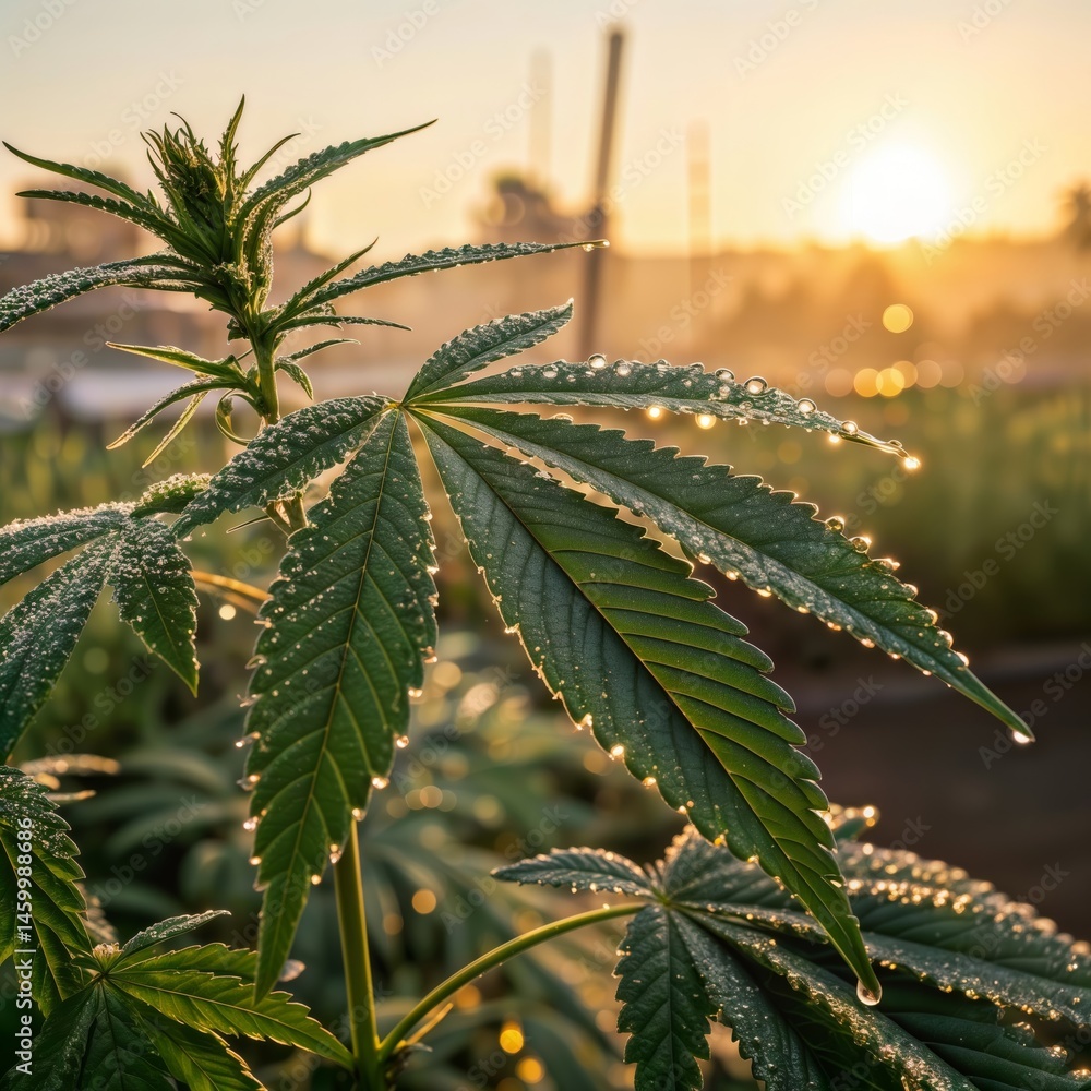 Cannabis at Sunrise. Dew drops glisten on a cannabis plant at sunrise, highlighting the intricate details of the leaves and the promise of a new day.