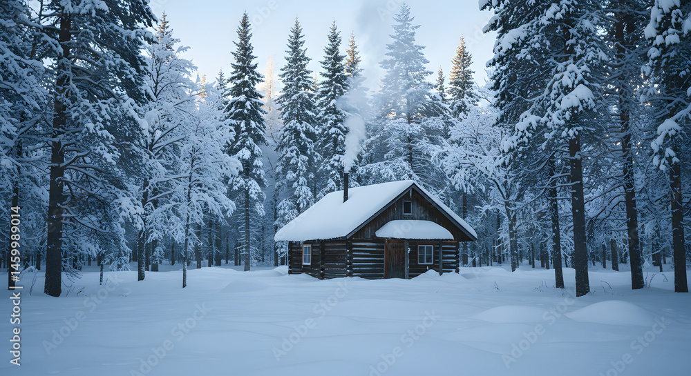 Naklejka premium Snowy Log Cabin in a Winter Forest