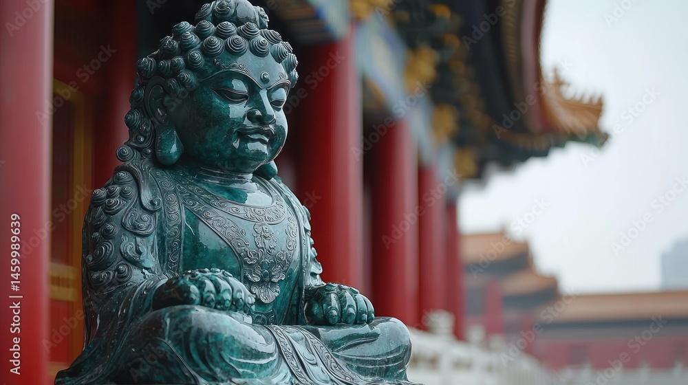 Serene jade Buddha statue sits peacefully before a vibrant red building, showcasing intricate details and a calm atmosphere Serene jade Buddha statue sits peacefully before a vibrant red building, showcasing intricate details and a calm atmosphere