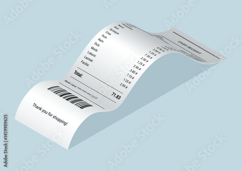 Payment check and receipts with shadow. Curved financial paper, purchase invoice. Buying, bill or calculate pay. Receipt the seller forms