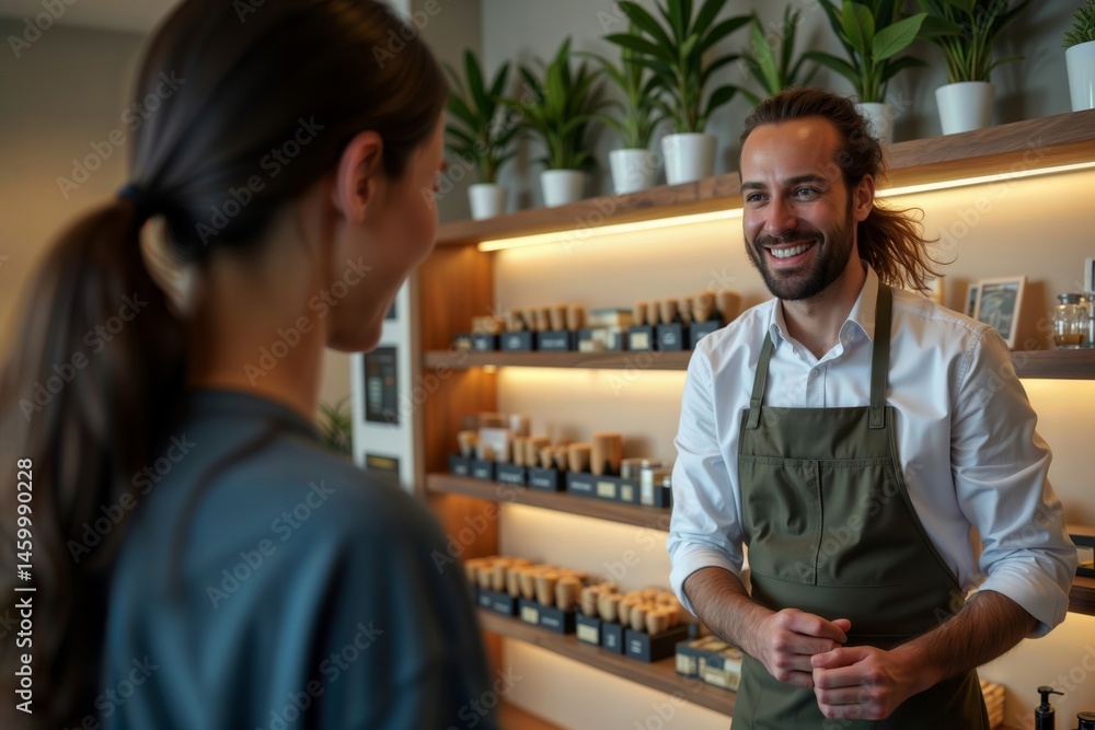 Cannabis Shop Consultation. A shop assistant or owner talking to a customer in a cannabis shop, providing information and service.