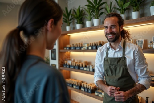 Obraz na płótnie Cannabis Shop Consultation. A shop assistant or owner talking to a customer in a cannabis shop, providing information and service. w salonie