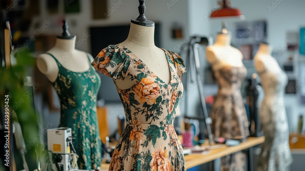 Obraz premium Floral dresses displayed on mannequins in a bright studio and sewing equipment around