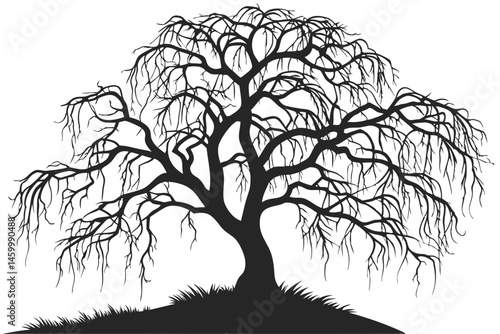 46 Silhouette of a weeping willow tree, black and white illustration, intricate branches, drooping leaves, lone tree on a small mound, grass tufts at base, stark contrast, symmetrical composition, det