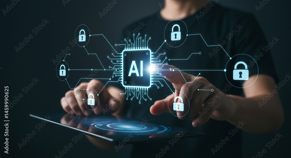 Fototapeta premium Person interacting with ai interface showing security locks on a digital tablet screen business, data