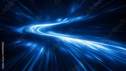 Dynamic image of blue light streaks radiating from a central point creating an impression of high-speed movement or hyperspace travel